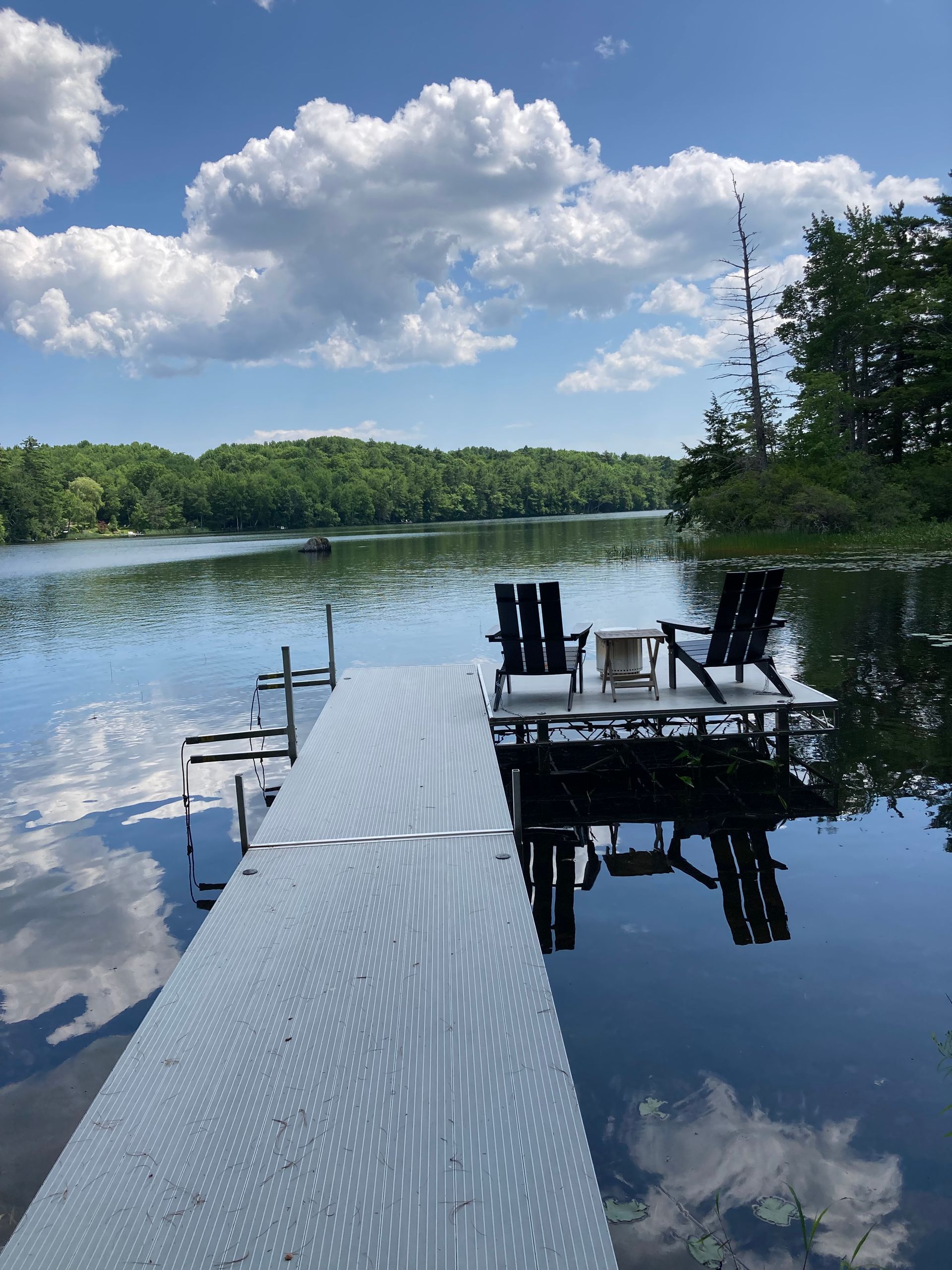 Wooden dock extending into a calm lake under a cloudy blue sky, with trees along the shore.