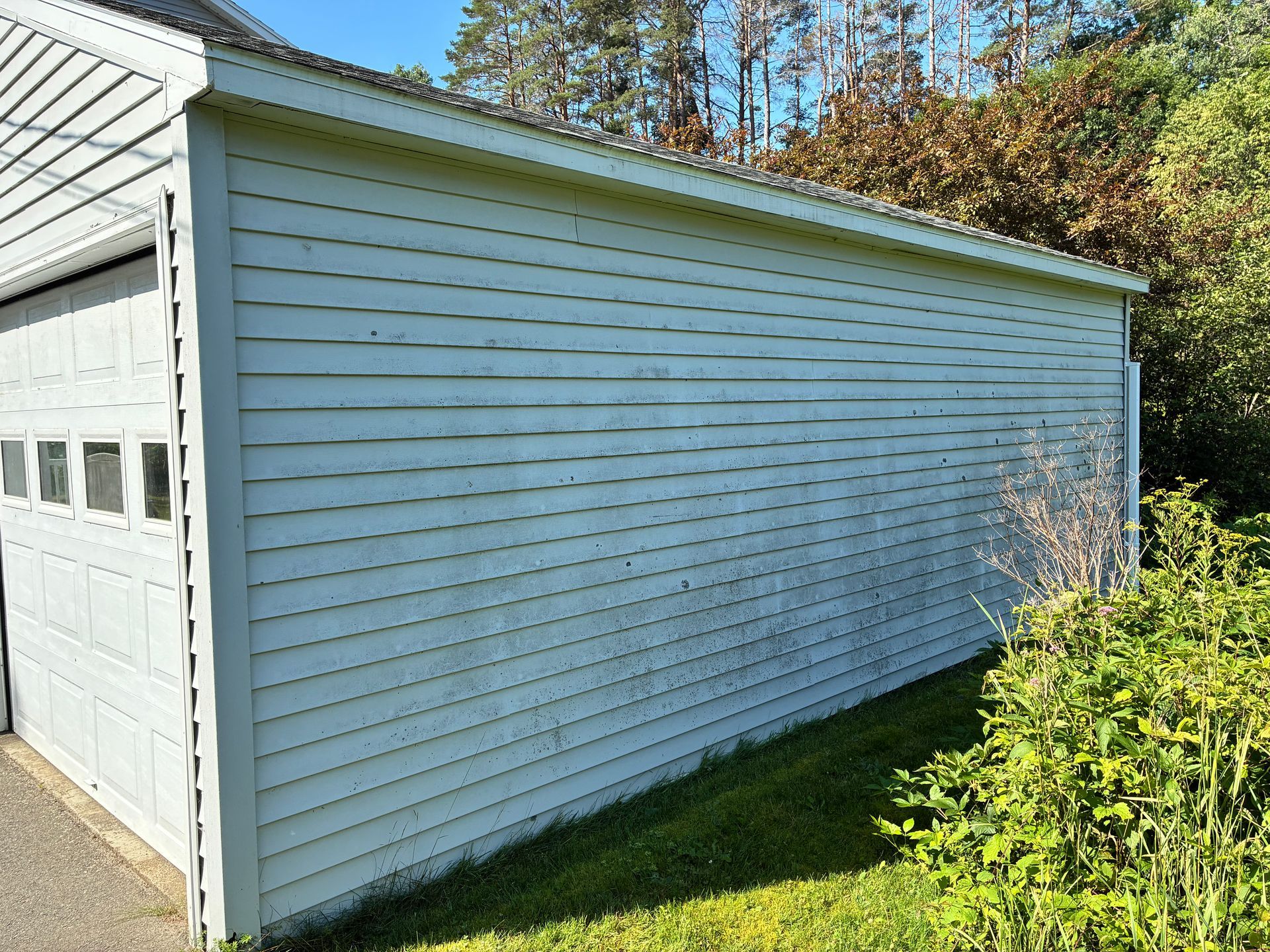 White garage side with light blue siding and a small garage door, beside grass and shrubs.