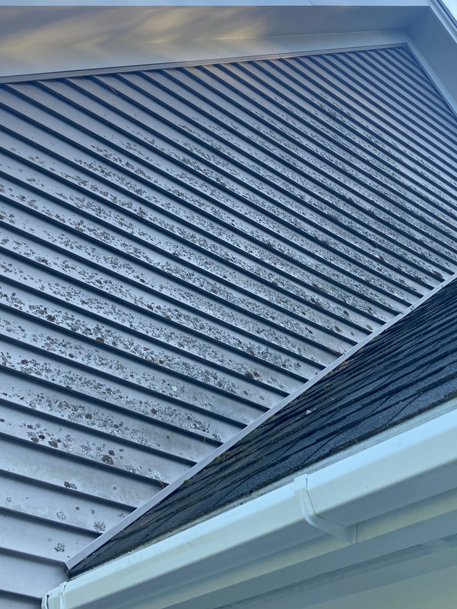 Angled gray metal roof with ridged panels and a white gutter at the eave