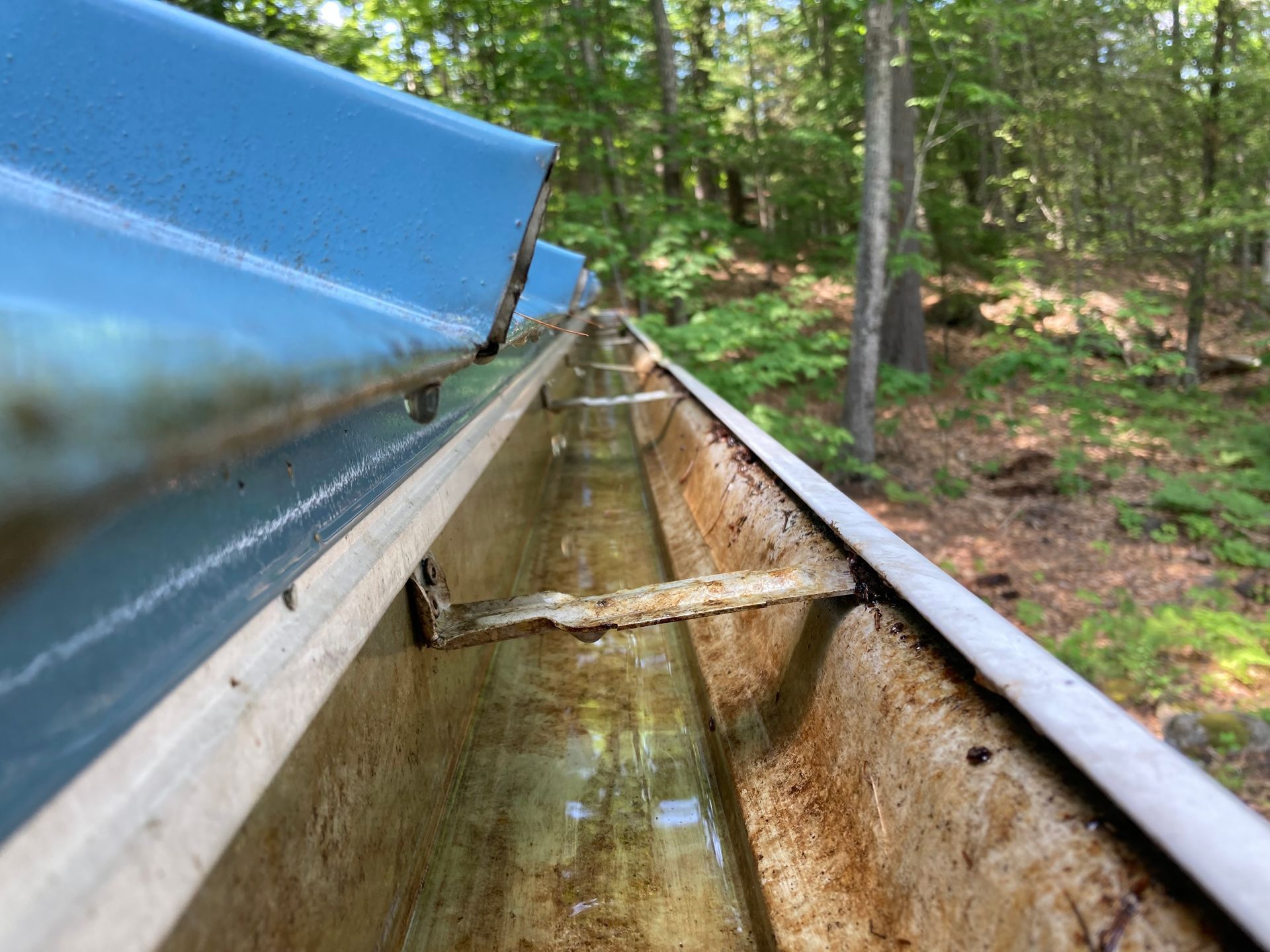 Blue metal boat hull beside a rusty water channel in a wooded area