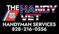 Logo for The Handy Vet handyman services with phone number 828-216-0556 on black background