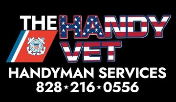 Logo for The Handy Vet handyman services with phone number 828-216-0556 on black background