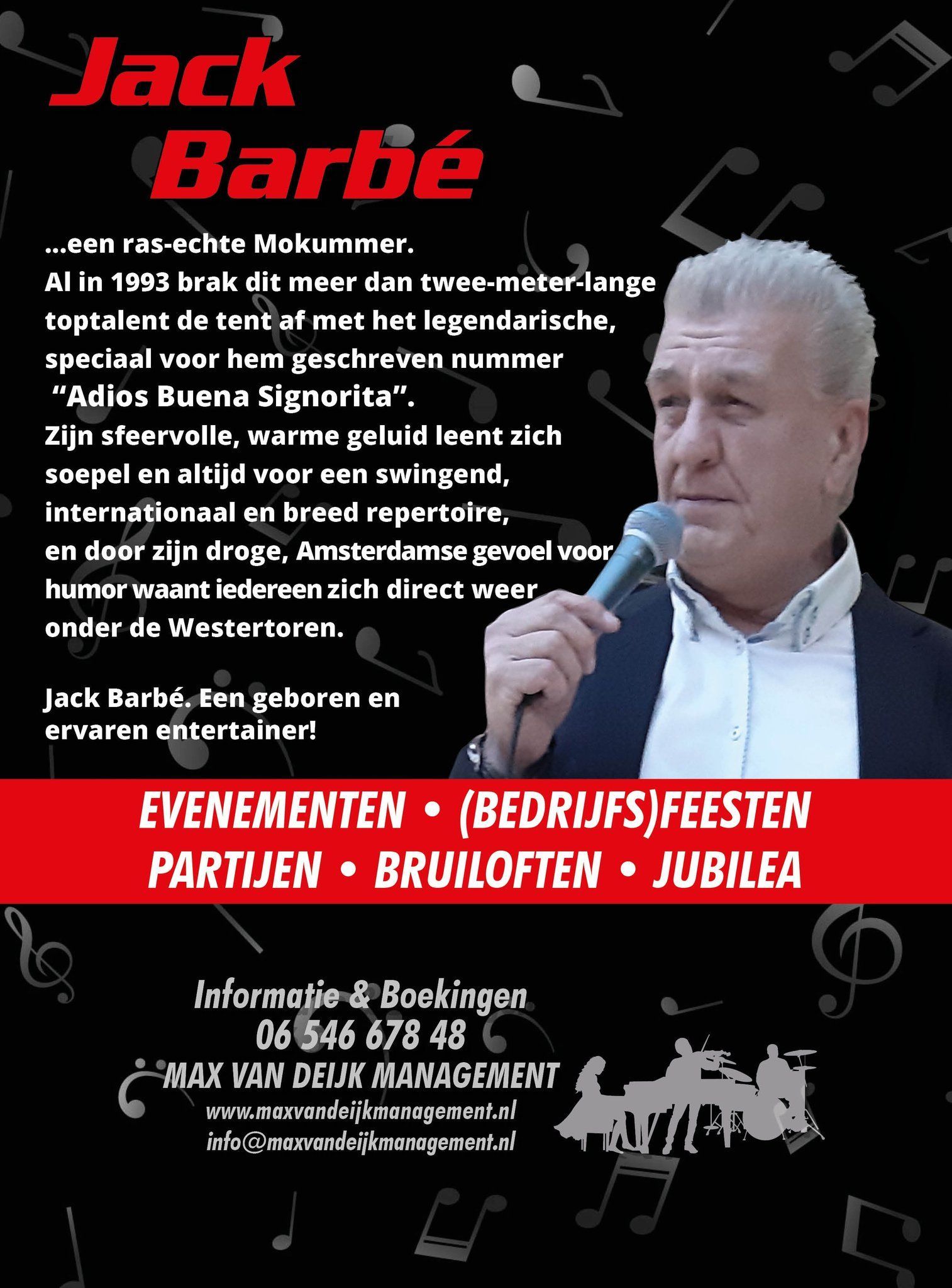Concertposter van Jack Barbé met de zanger die een microfoon vasthoudt op een zwarte achtergrond, met rode en witte tekst.