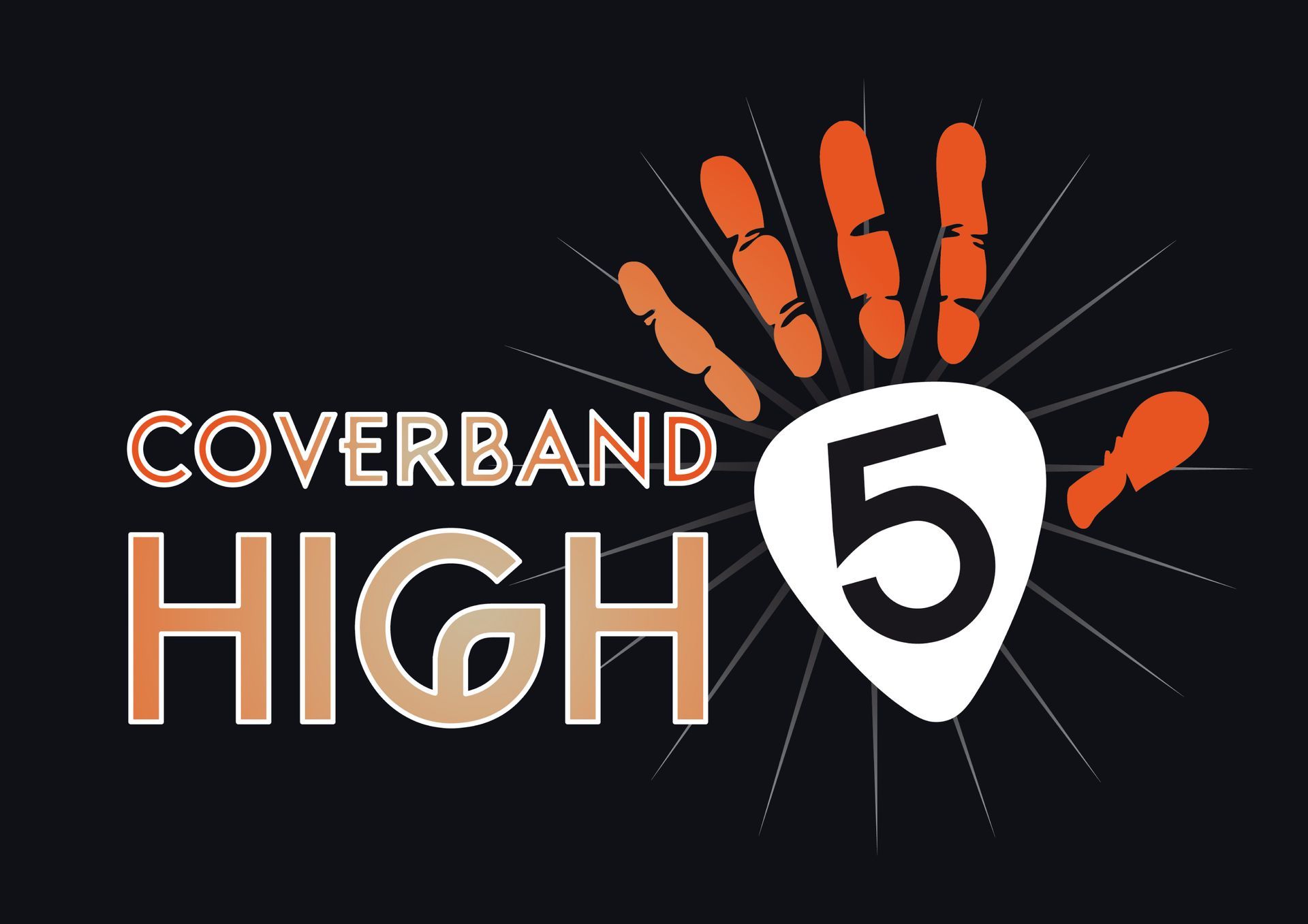 Coverband High 5-logo met oranje handafdruk en witte gitaarplectrum op een donkere achtergrond.