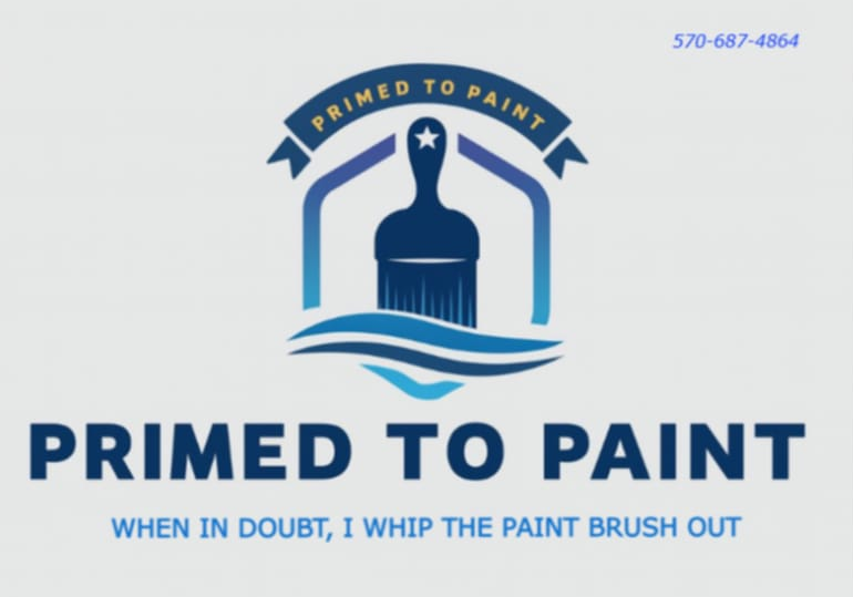 Logo for Primed to Paint featuring a paintbrush icon, house outline, and the phone number 570-687-4864 in blue and white.