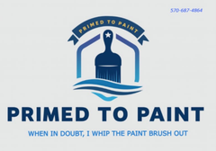 Logo for Primed to Paint featuring a paintbrush icon, house outline, and the phone number 570-687-4864 in blue and white.