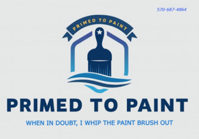 Logo for Primed to Paint featuring a paintbrush icon, house outline, and the phone number 570-687-4864 in blue and white.