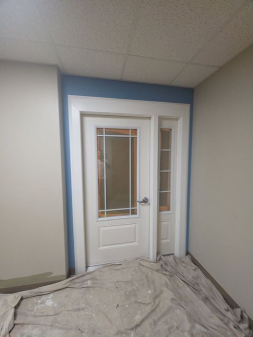 A white door with glass panels and a side light, framed by blue wall paint in a room undergoing renovations.