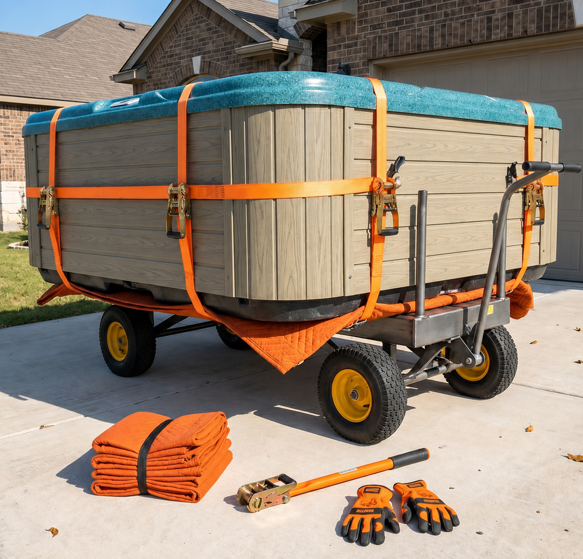 Hot tub removal process showing careful lift and safety straps used