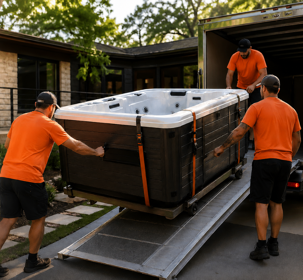 Crane lifting hot tub over roof during complex relocation job