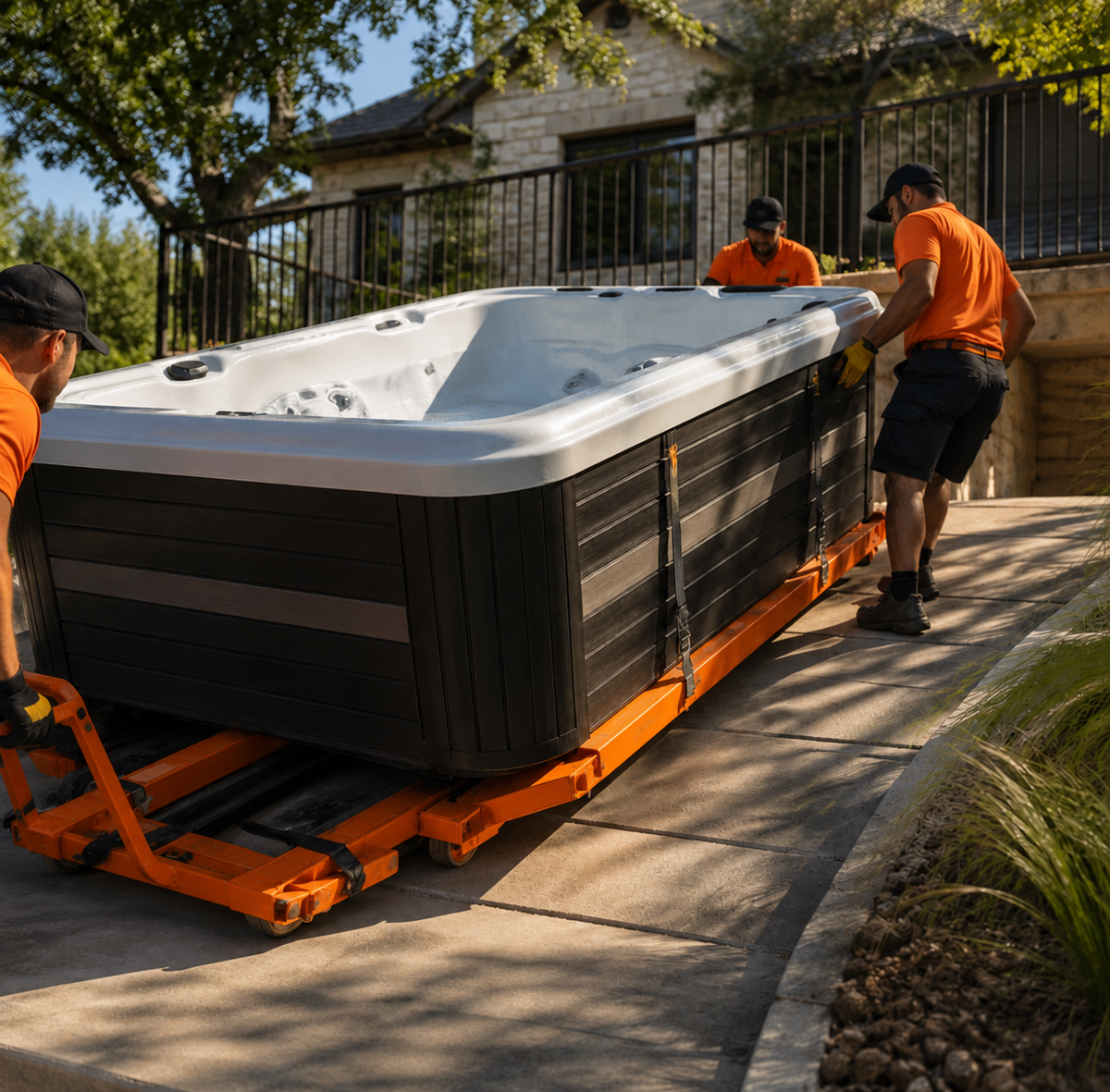 Professional spa movers posing beside branded relocation truck in Austin