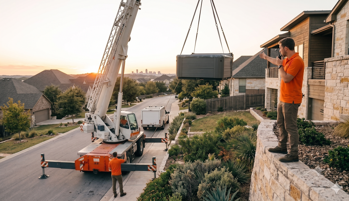 Crew preparing swim spa for crane relocation over residential fence