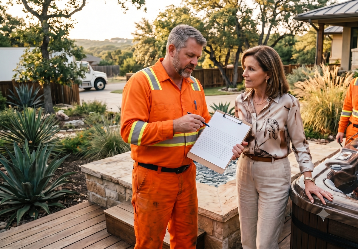 Homeowner meeting spa movers before scheduled hot tub transport service
