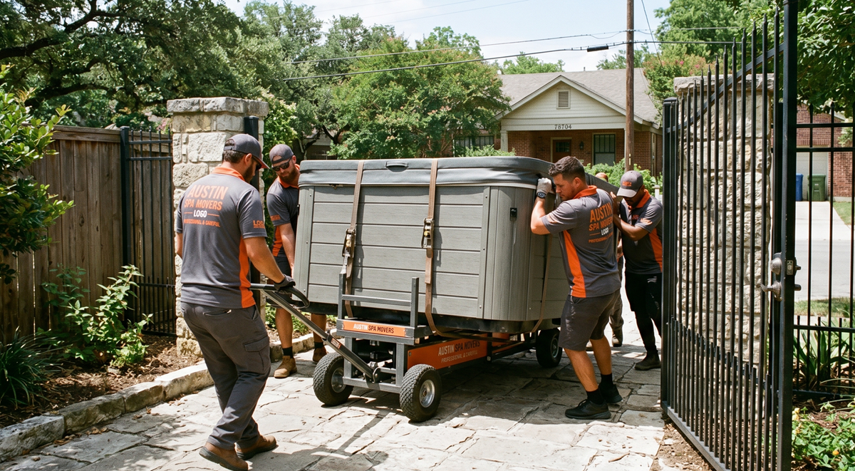 Hot tub relocation team planning safe route across residential yard