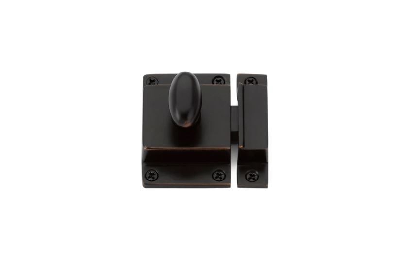 Dark bronze cabinet latch with knob, and screws.
