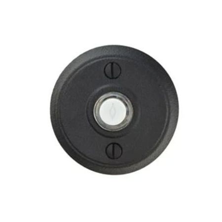 Black doorbell with a white button and two screws.