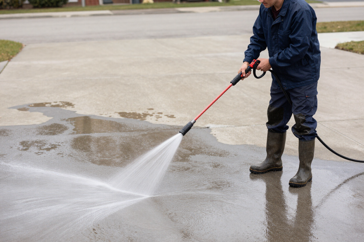 Technician pressure washing a stained driveway