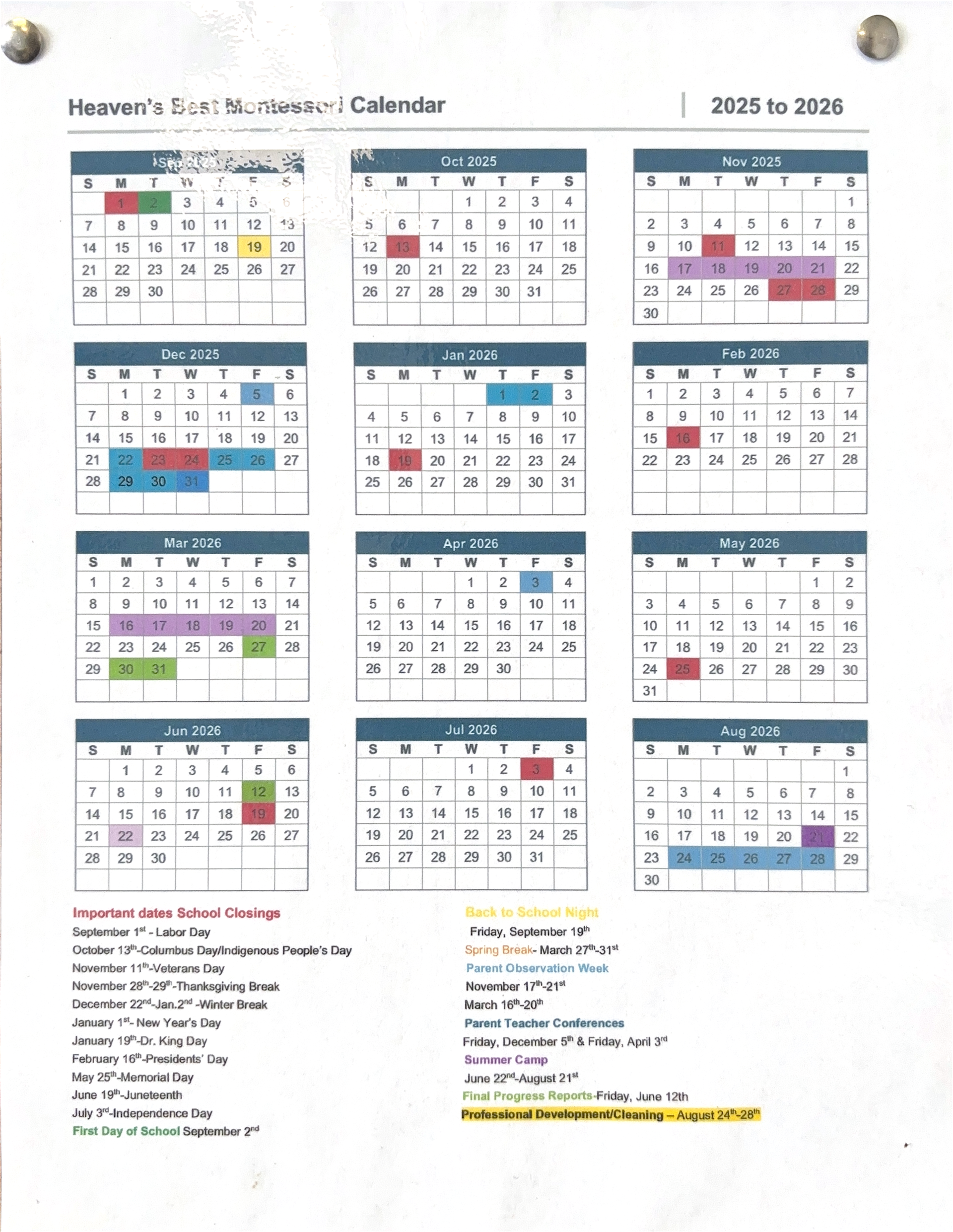 School calendar — Fairfax, VA — HEAVEN'S BEST MONTESSORI LLC