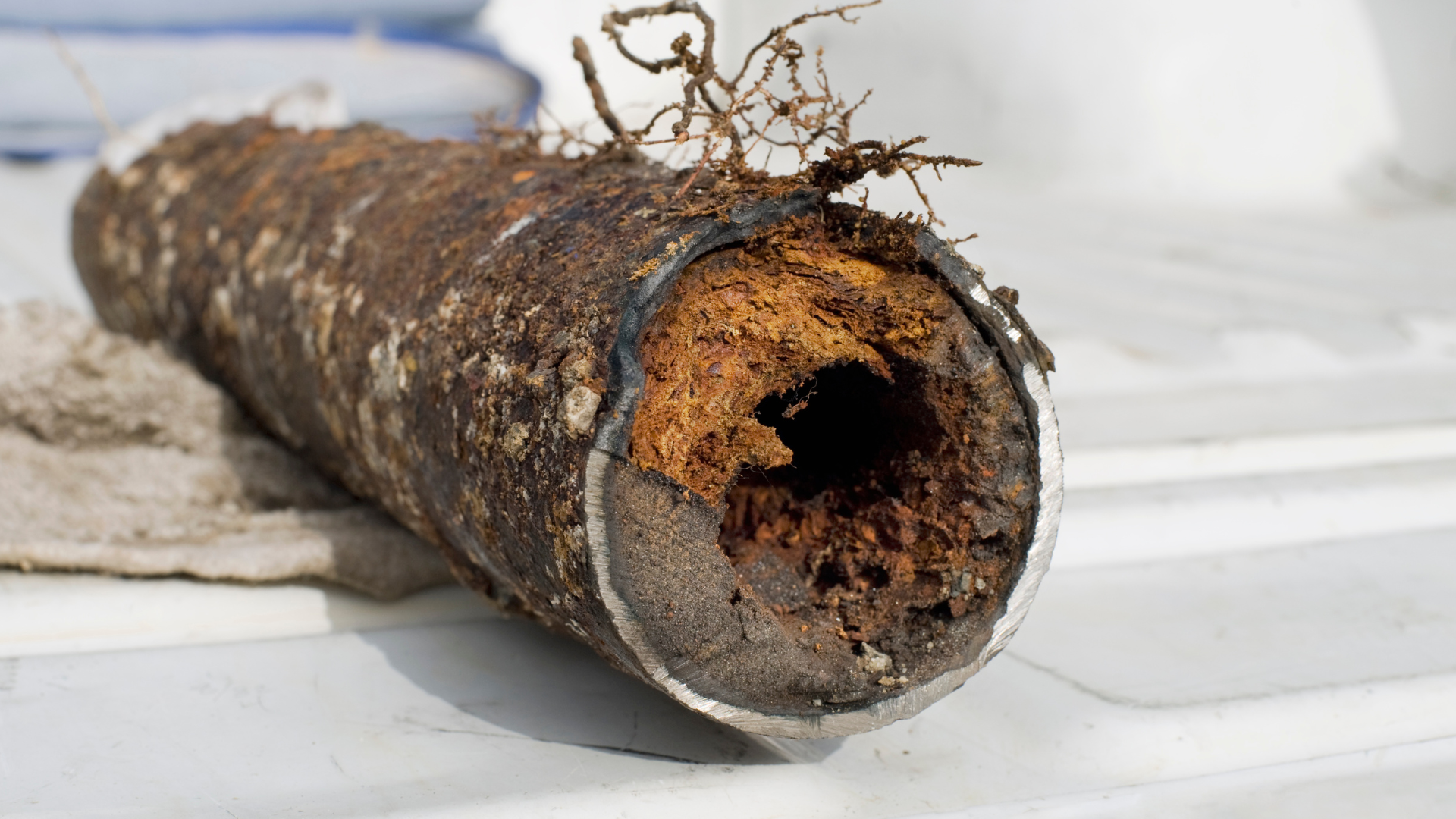 a close up of a rusty pipe with roots sticking out of it .