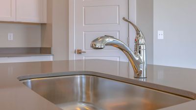 a stainless steel kitchen sink with a faucet in a kitchen.