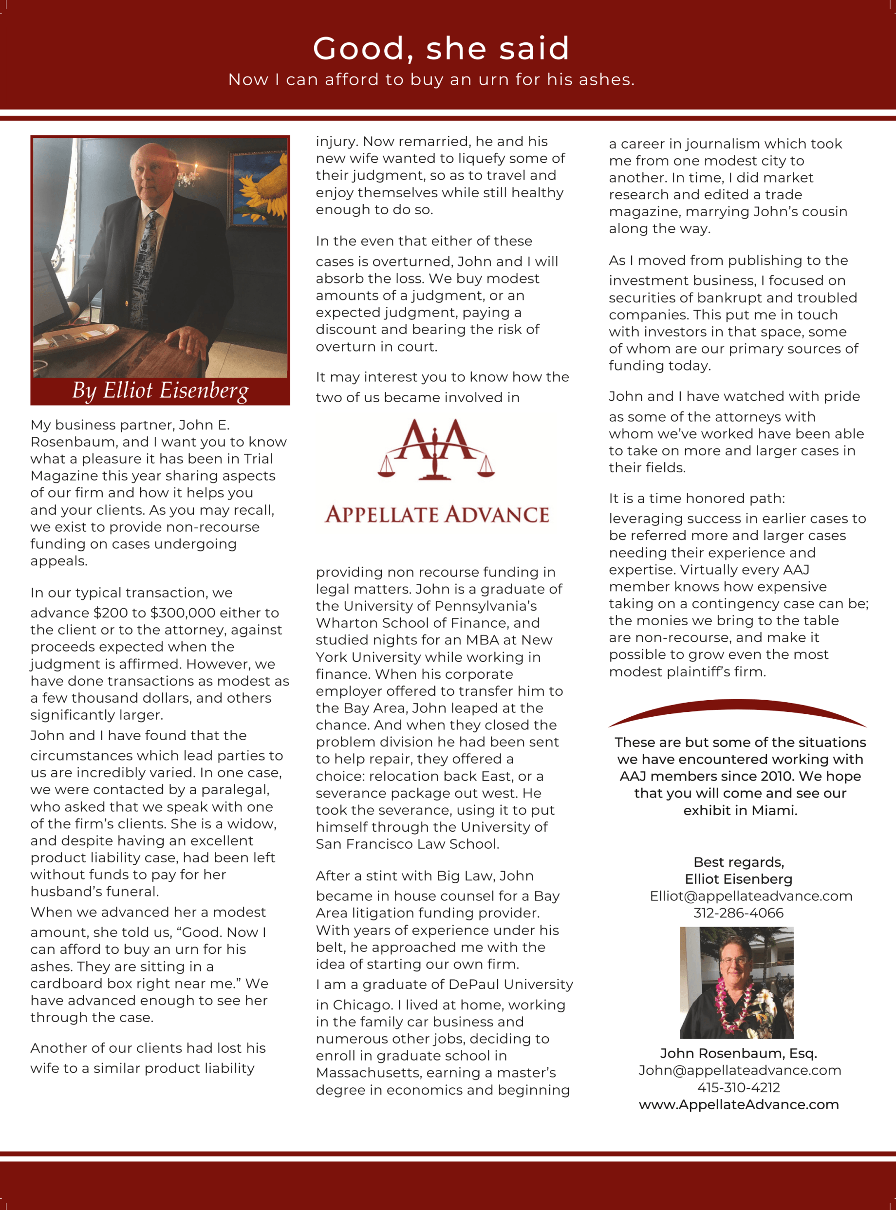 Magazine page with red header, portrait photo, and dense columns of black text on white background