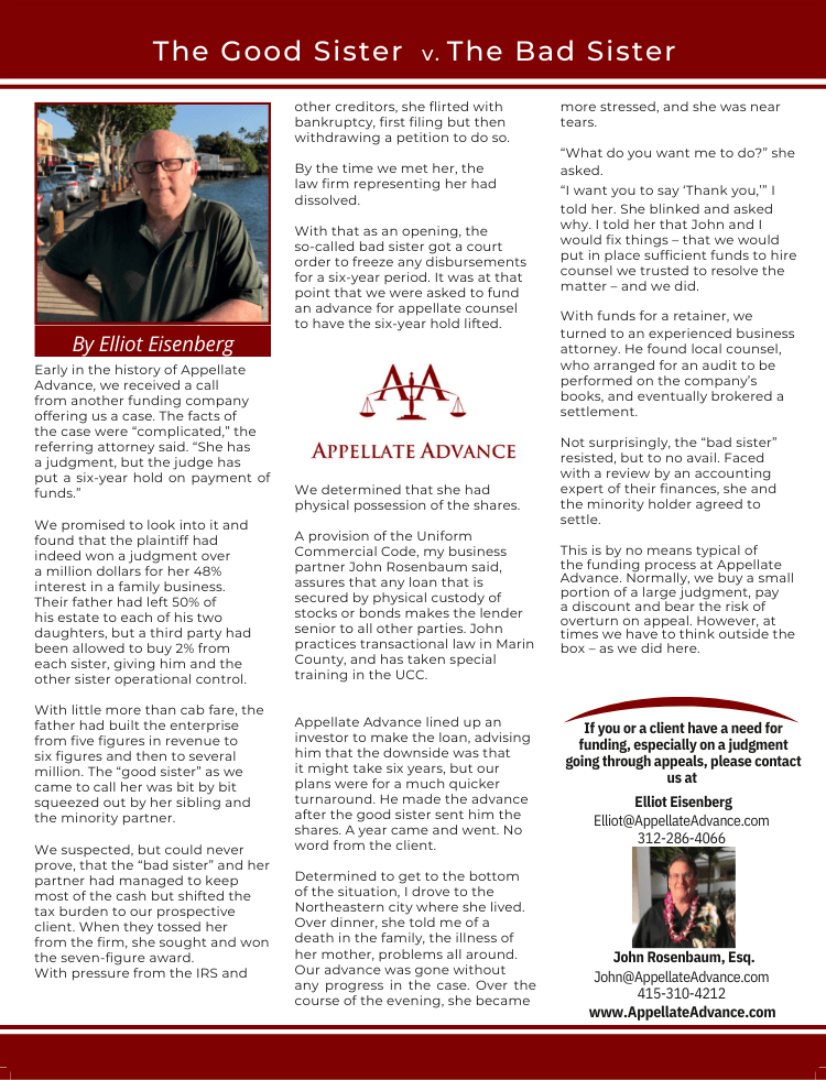 Newsletter page titled “The Good Sister, The Bad Sister” with a portrait and article columns.