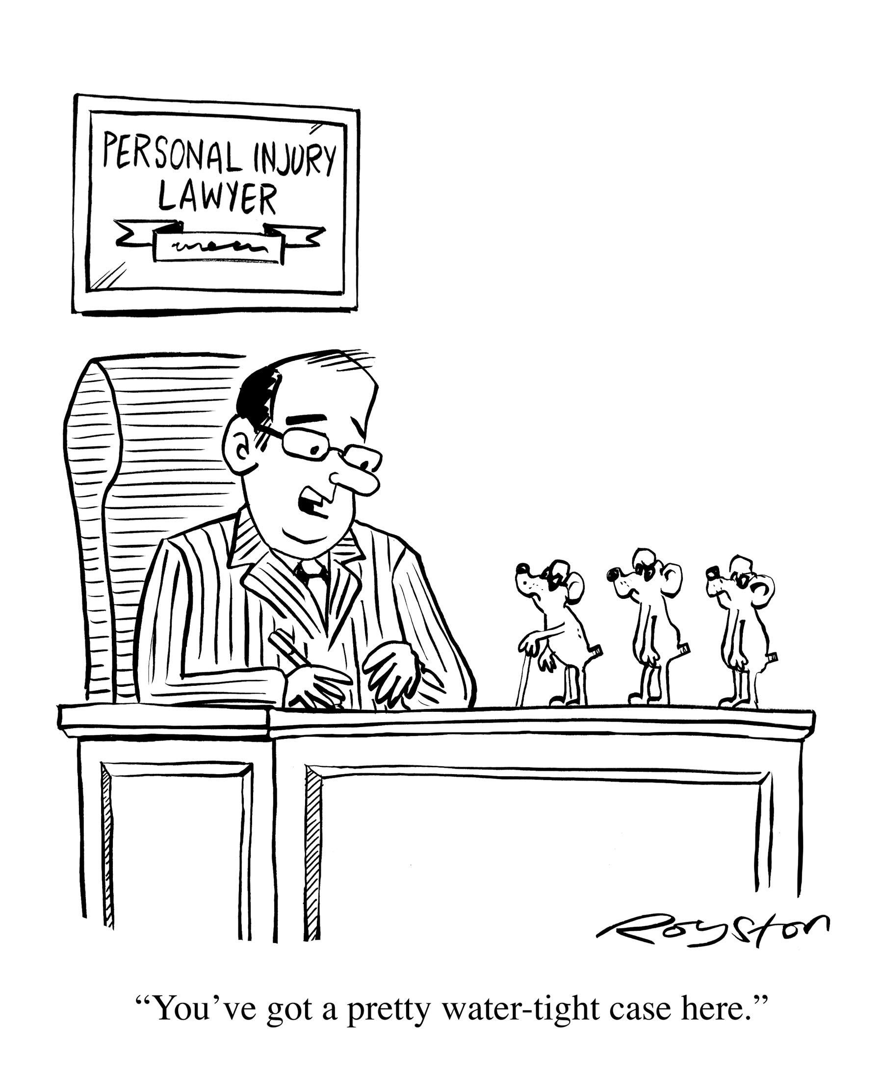 Cartoon of a lawyer at a desk with tiny figures, saying, 