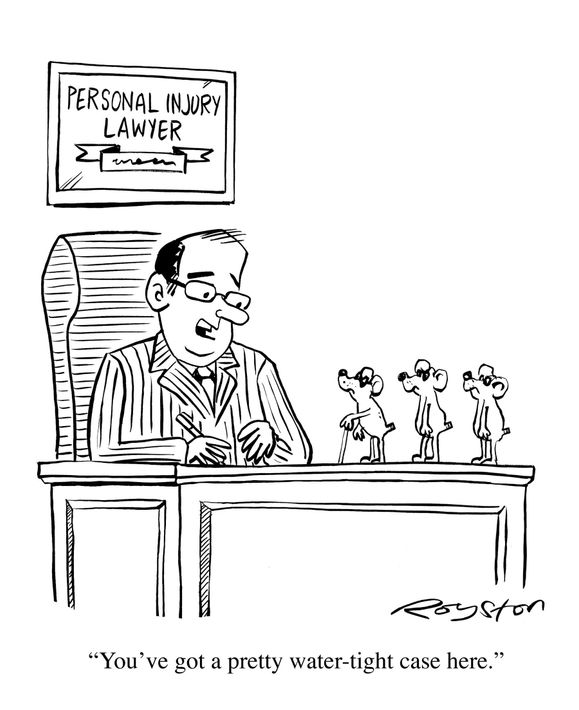 Cartoon of a lawyer at a desk with tiny figures, saying, 