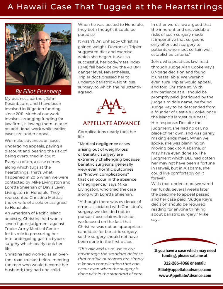 Newsletter article with man’s portrait and headline “A Hawaii Case That Tugged at the Heartstrings”