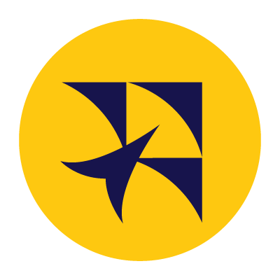 Yellow circle with dark blue abstract pinwheel logo inside