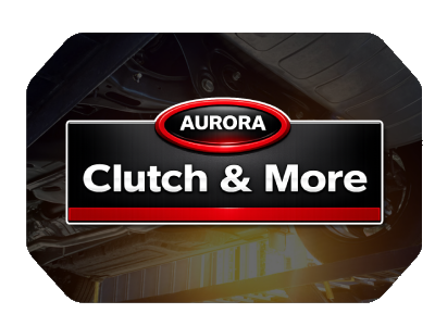 Aurora Clutch & More logo in red, black, and white on a dark automotive background