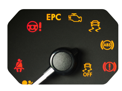 Car dashboard warning lights cluster, including EPC, engine, ABS, traction, and brake indicators.