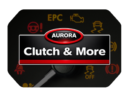 Black dashboard gauge with “AURORA” and “Clutch & More” in white and red text, surrounded by warning icons