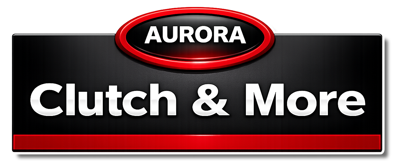Aurora Clutch & More logo on a black background with a red oval emblem
