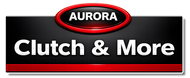 Aurora Clutch & More logo on a black background with a red oval emblem