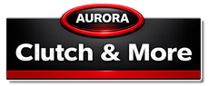 Aurora Clutch & More logo on a black background with a red oval emblem