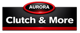 Aurora Clutch & More logo in white text on black with red oval emblem