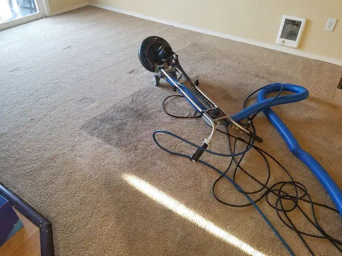 Carpet cleaning machine on beige carpet, with a dark stain.