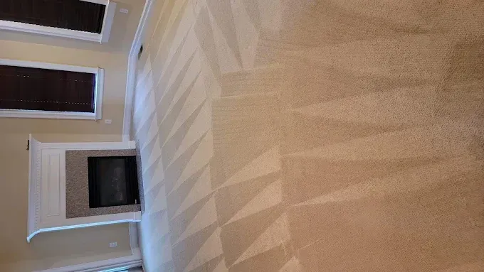 Cleaned beige carpet with patterned vacuum lines; fireplace and windows in background.