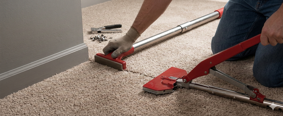 Person kneeling, installing carpet using tools. Red and silver tools, beige carpet, gray wall.