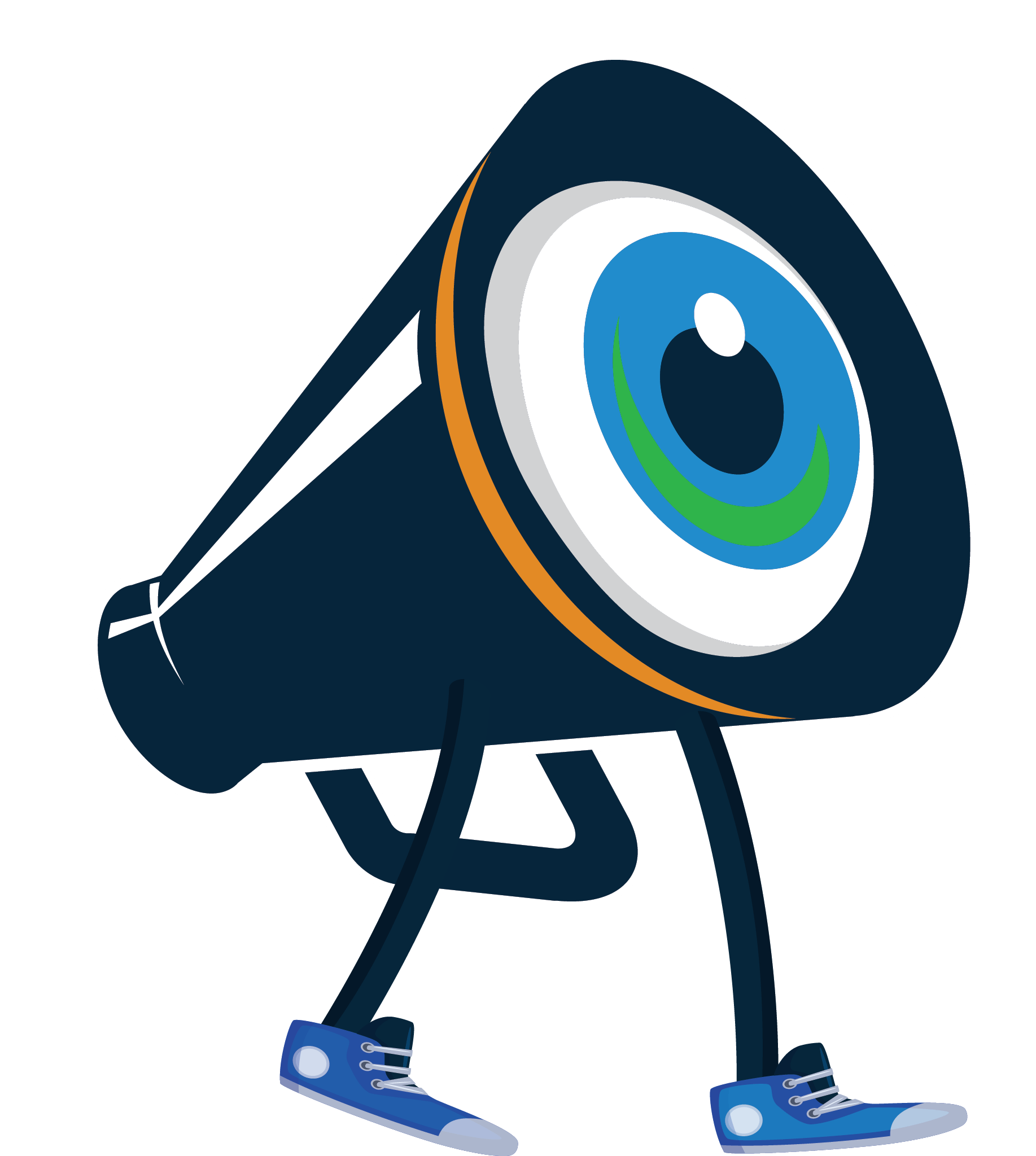 Cartoon megaphone with blue eye and sneakers, walking forward