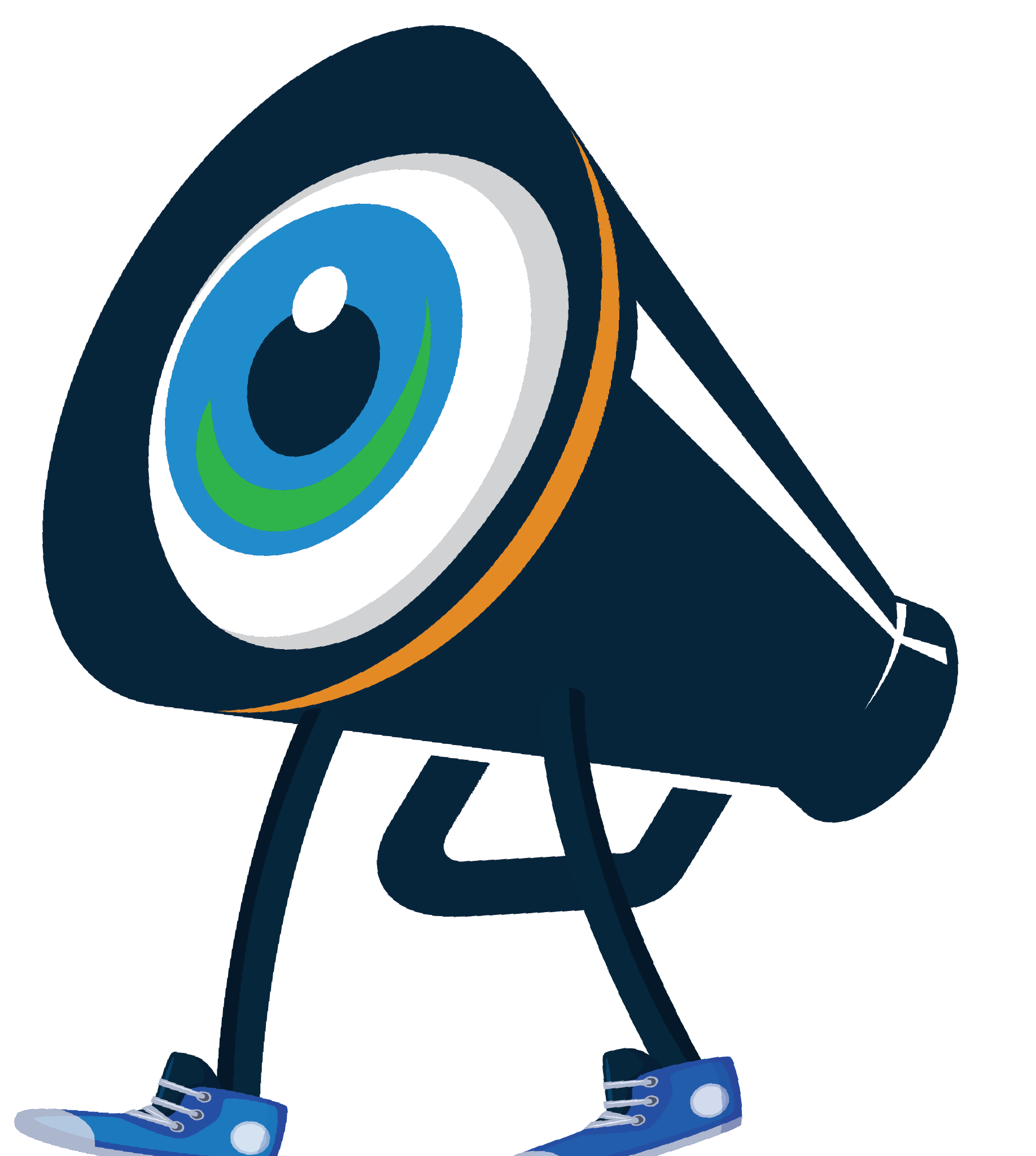 Cartoon megaphone with eyes and legs, wearing blue sneakers, on a white background