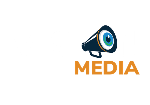 Blue megaphone icon above orange “MEDIA” text on a white background