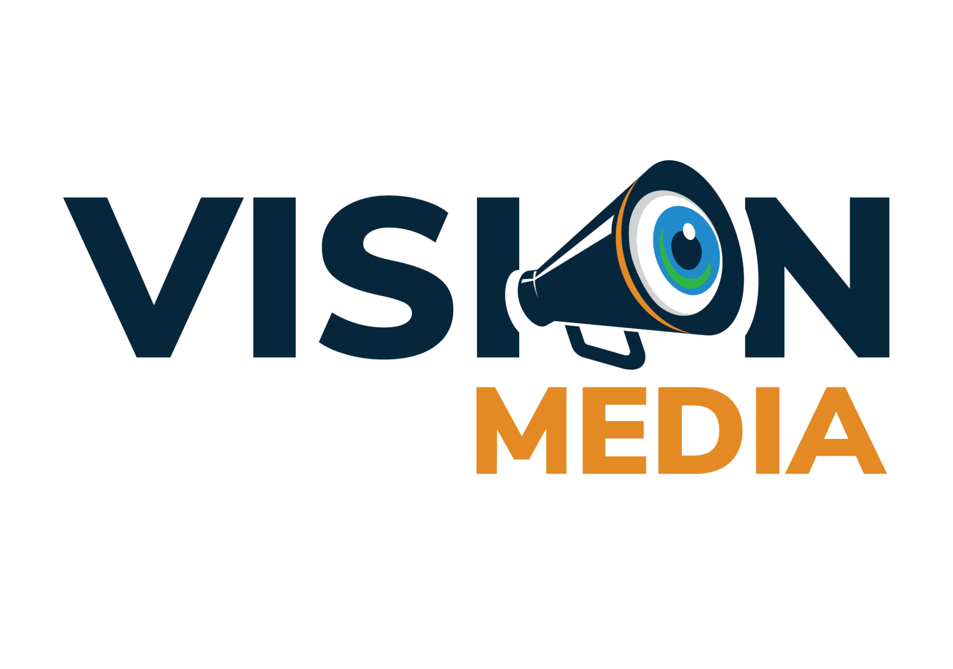 VISION MEDIA logo with navy text and a blue megaphone icon, with orange “MEDIA” below