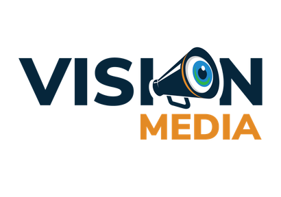 VISION MEDIA logo with navy text and a blue megaphone icon, with orange “MEDIA” below