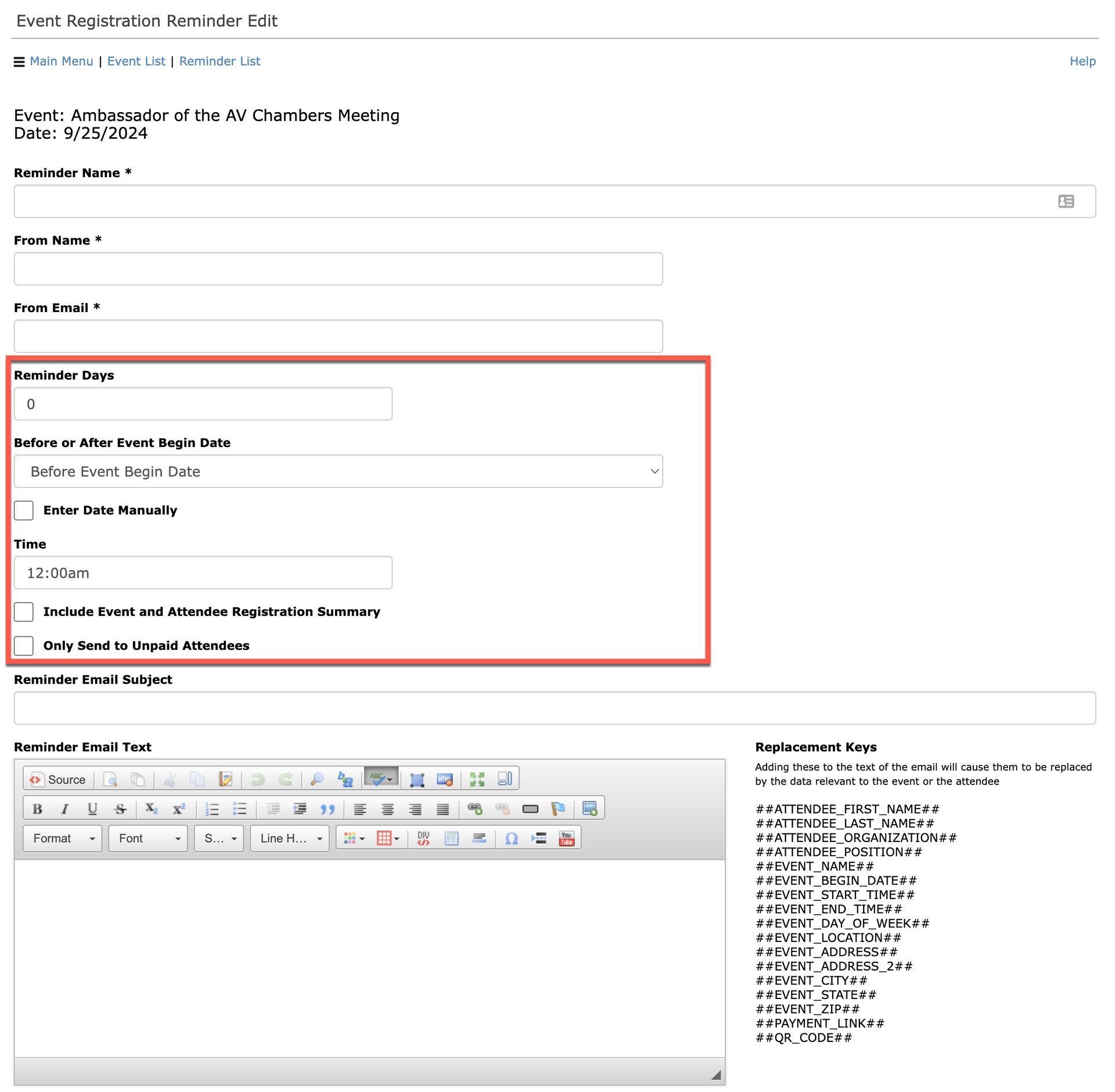 Registration reminder form with fields for event details and reminder settings.