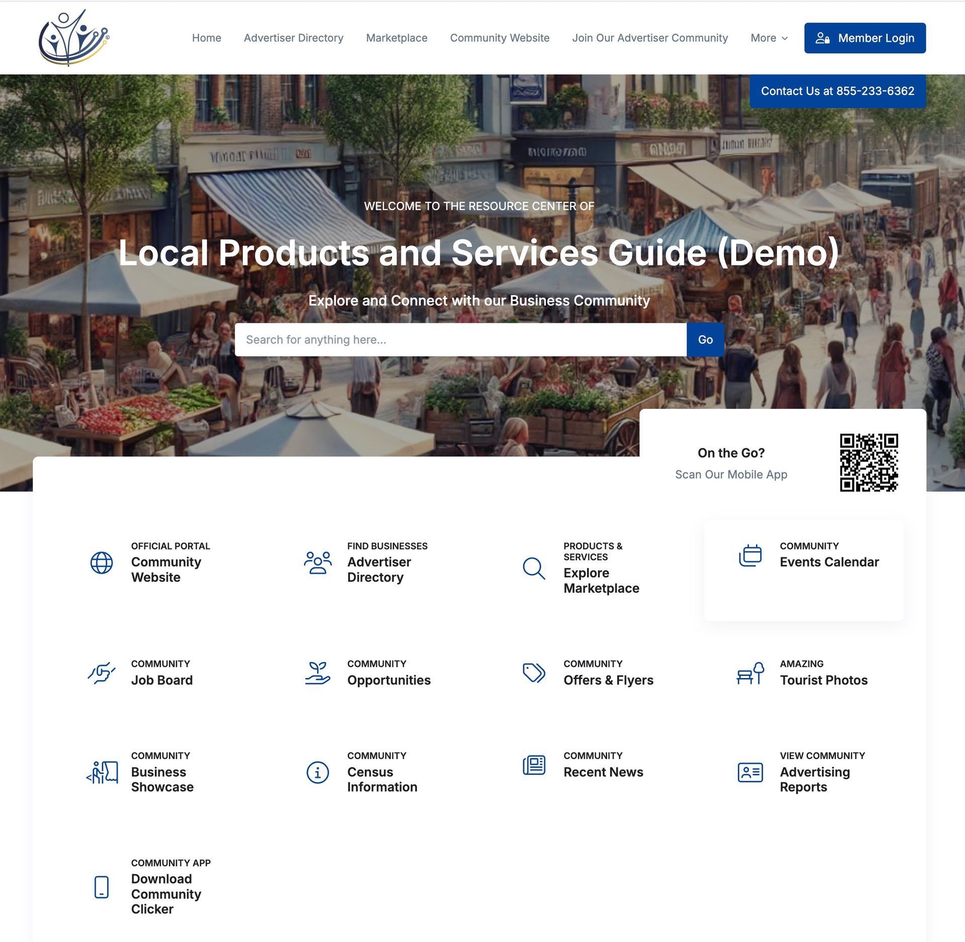 Website landing page for a local products and services guide, with a search bar and directory categories.