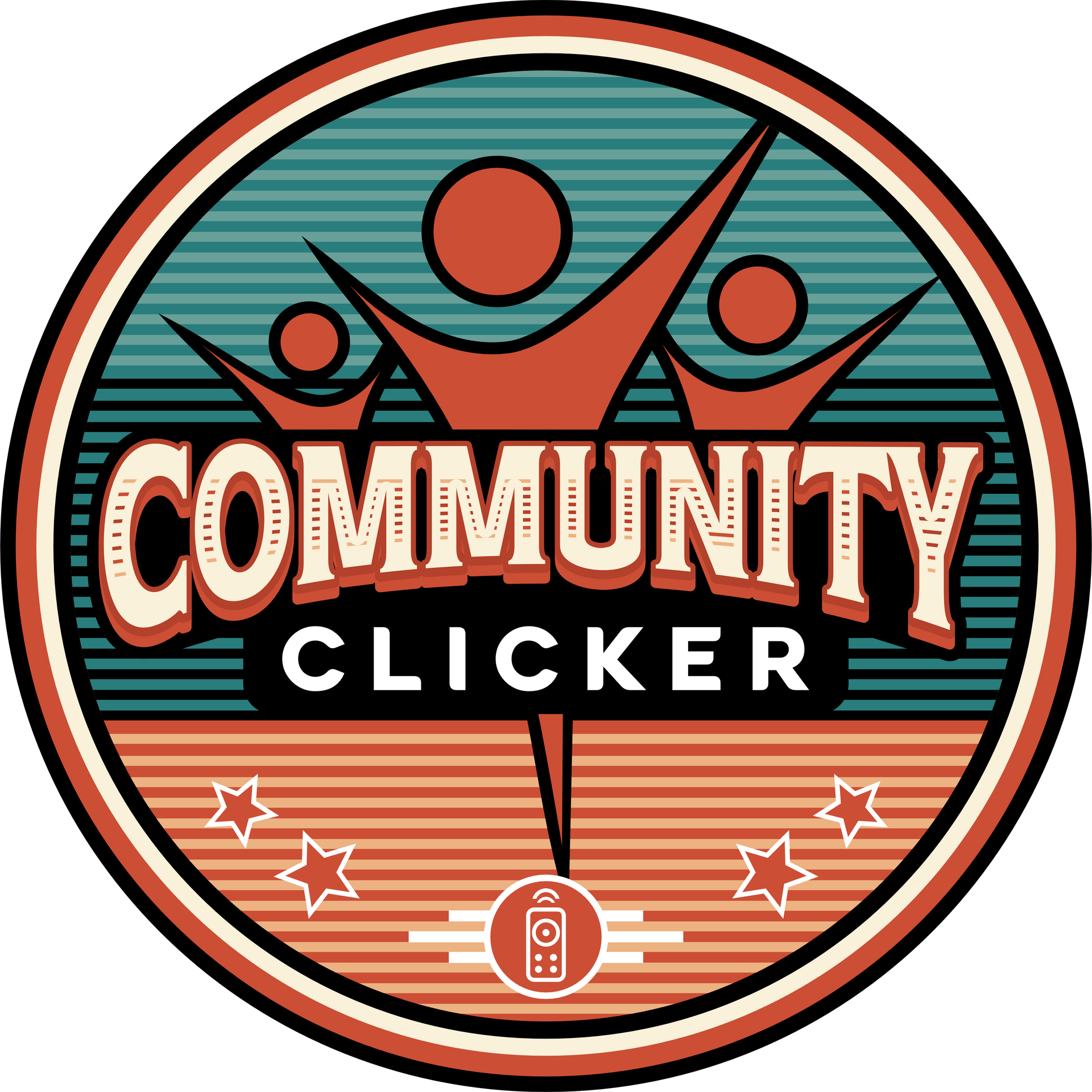 Community Clicker logo: stylized figures reaching upwards, text 