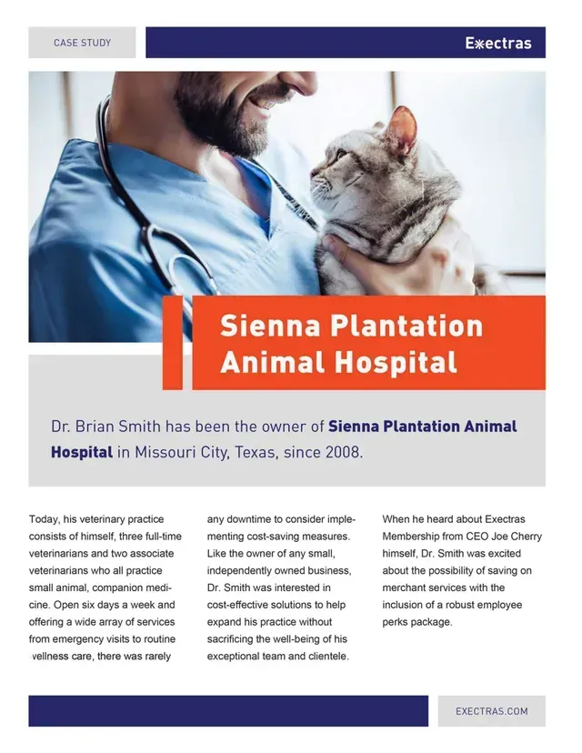 Veterinarian holding a cat. Headline: Sienna Plantation Animal Hospital. Text about the hospital.