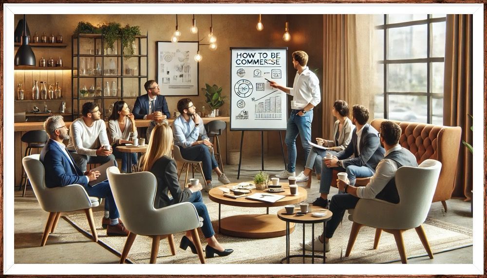 Business presentation in a modern office. Presenter at whiteboard, audience in chairs, looking on.